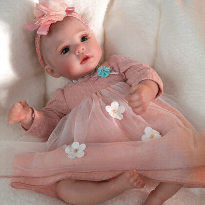 22 Inch Realistic Reborn Baby Doll - Weighted Soft Vinyl Lifelike Girl with Rare Green Eyes & Pink Floral Dress